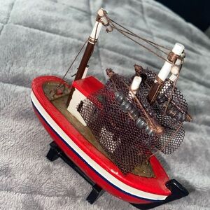 VINTAGE Wooden Fishing Boat Model Hand Painted Rustic Home Decor